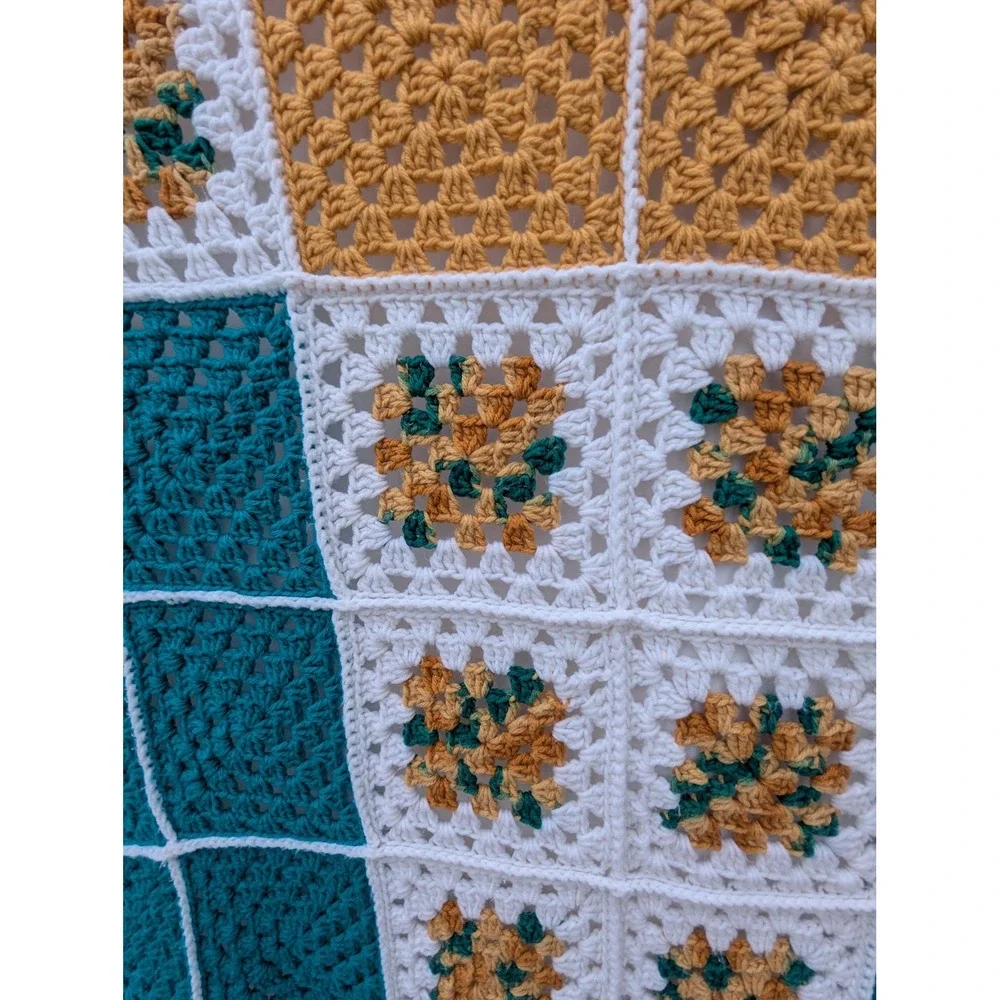 Vintage Teal & Gold Granny Square Afghan – Handmade St. Paul Sewing Guild